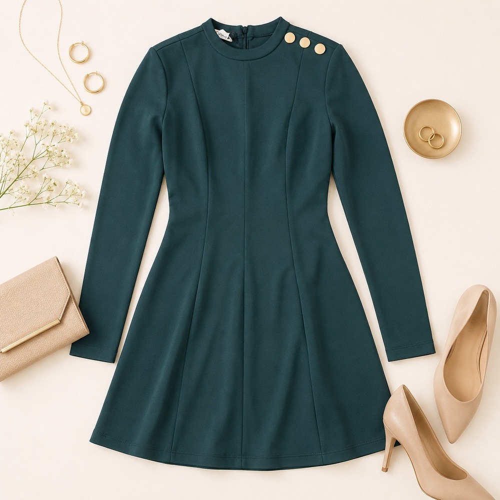 Rebecca Minkoff Dark Spruce Green Button Shoulder Long Sleeve Mini Dress NWT S